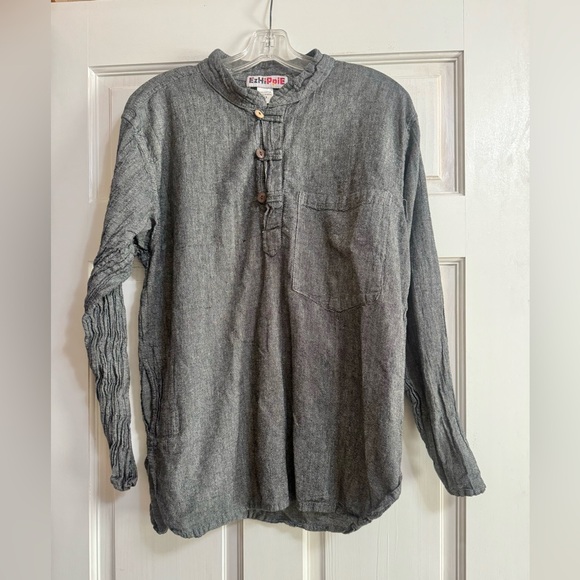 EzHippie Tunic Gray Cotton Pockets 1/4 Button Bohemian hippie Beach Coastal - Picture 2 of 13